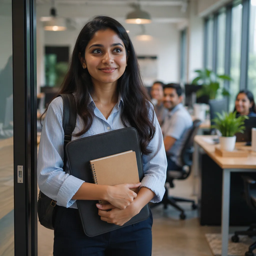 Young Intern Arriving at Modern Office