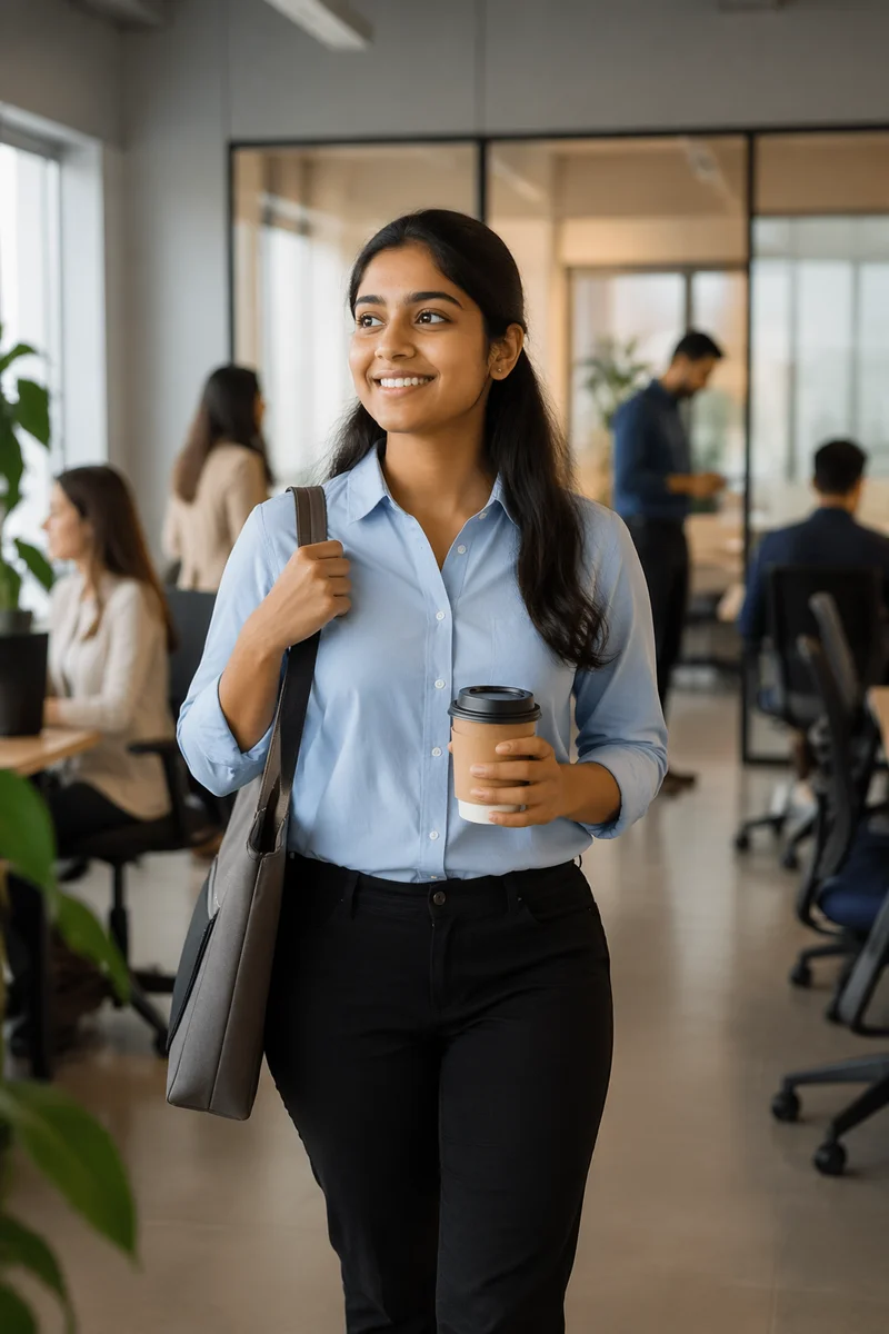 Young Woman Entering Modern Office Workspace