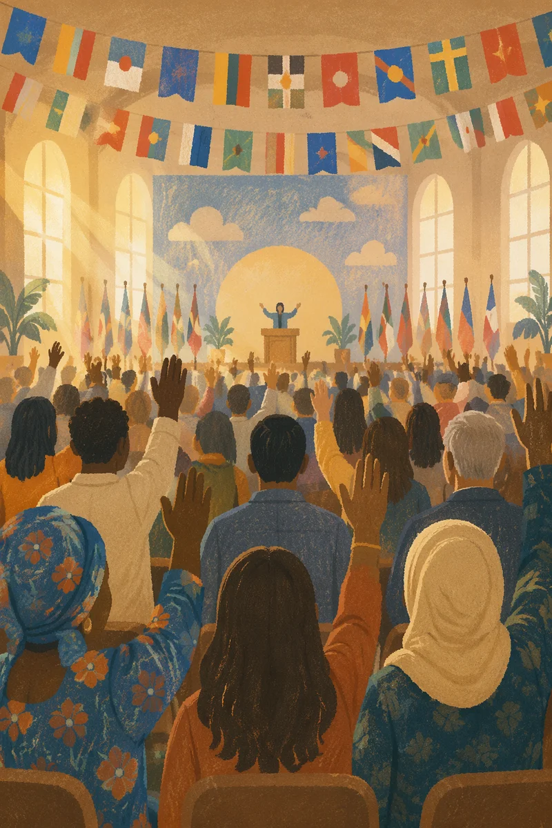 Raised Hands Beneath Colorful Hanging Flags