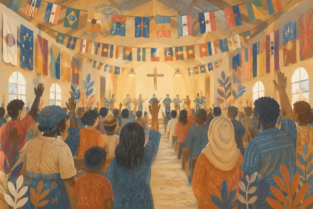 National Flags Above Church Congregation