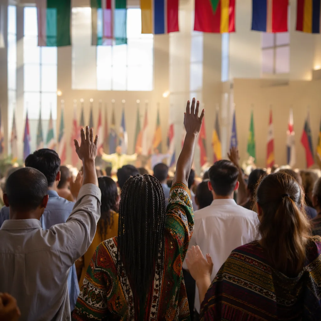 Raised Hands Beneath Colorful Hanging Flags