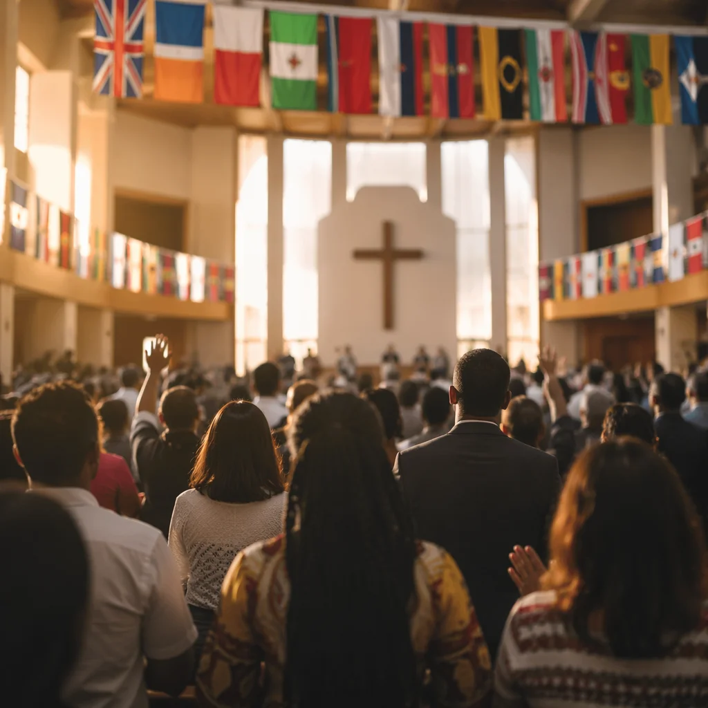 International Flags Above Church Congregation