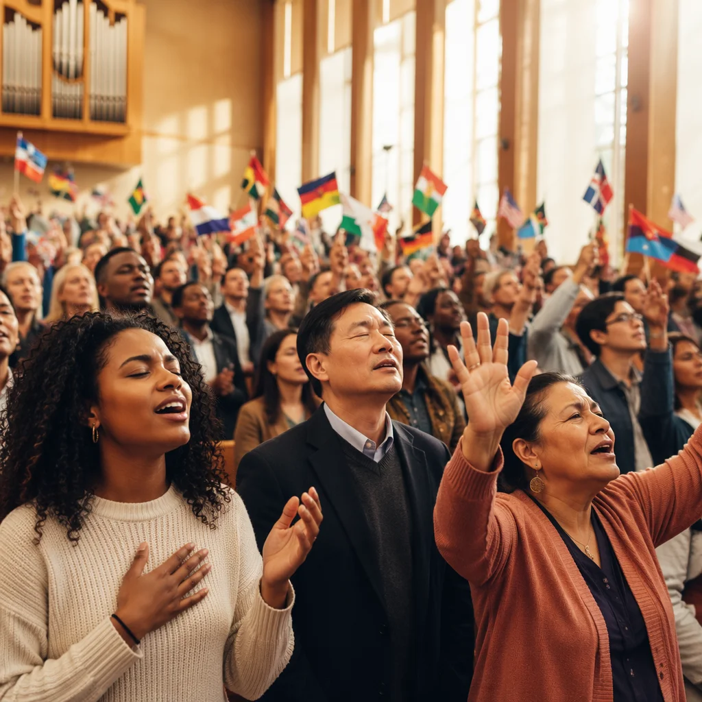 Diverse Congregation Holding International Flags Indoors