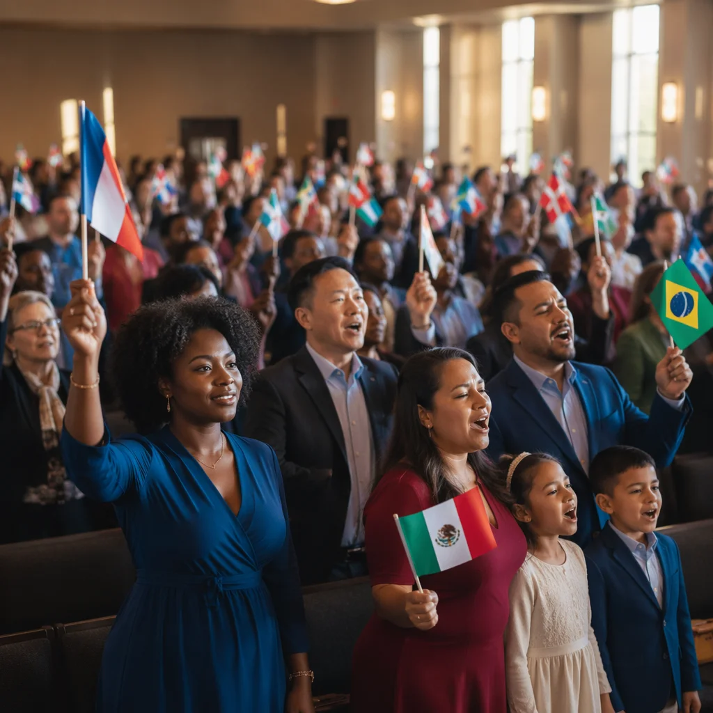 Diverse Congregation Holding International Flags Indoors