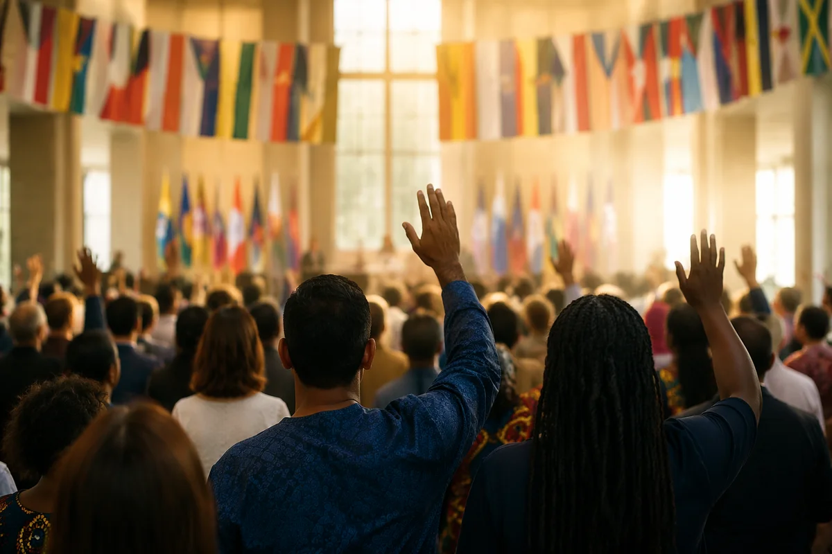 Raised Hands Beneath Colorful Flags