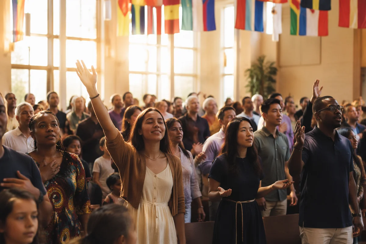 Multicultural Congregation Beneath International Flags