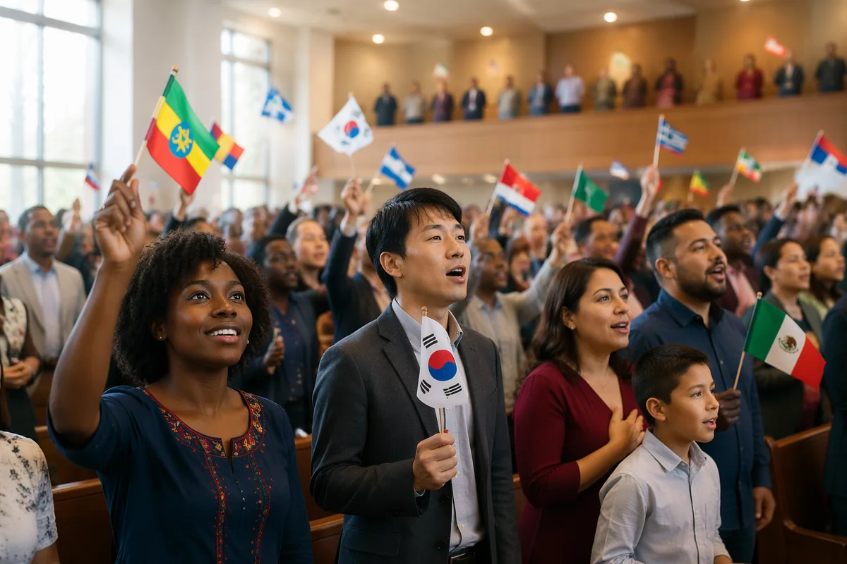 Diverse Congregation Waving International Flags Indoors