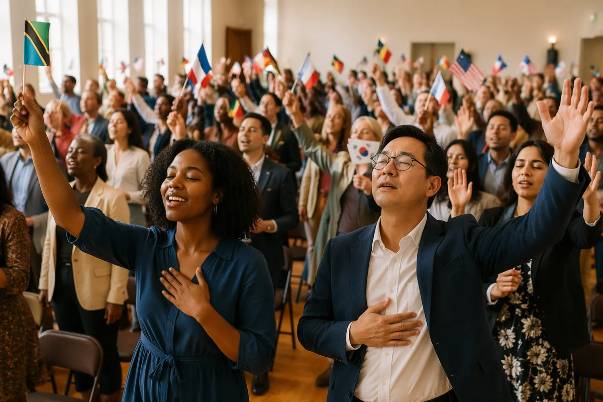 Diverse Congregation with Raised National Flags