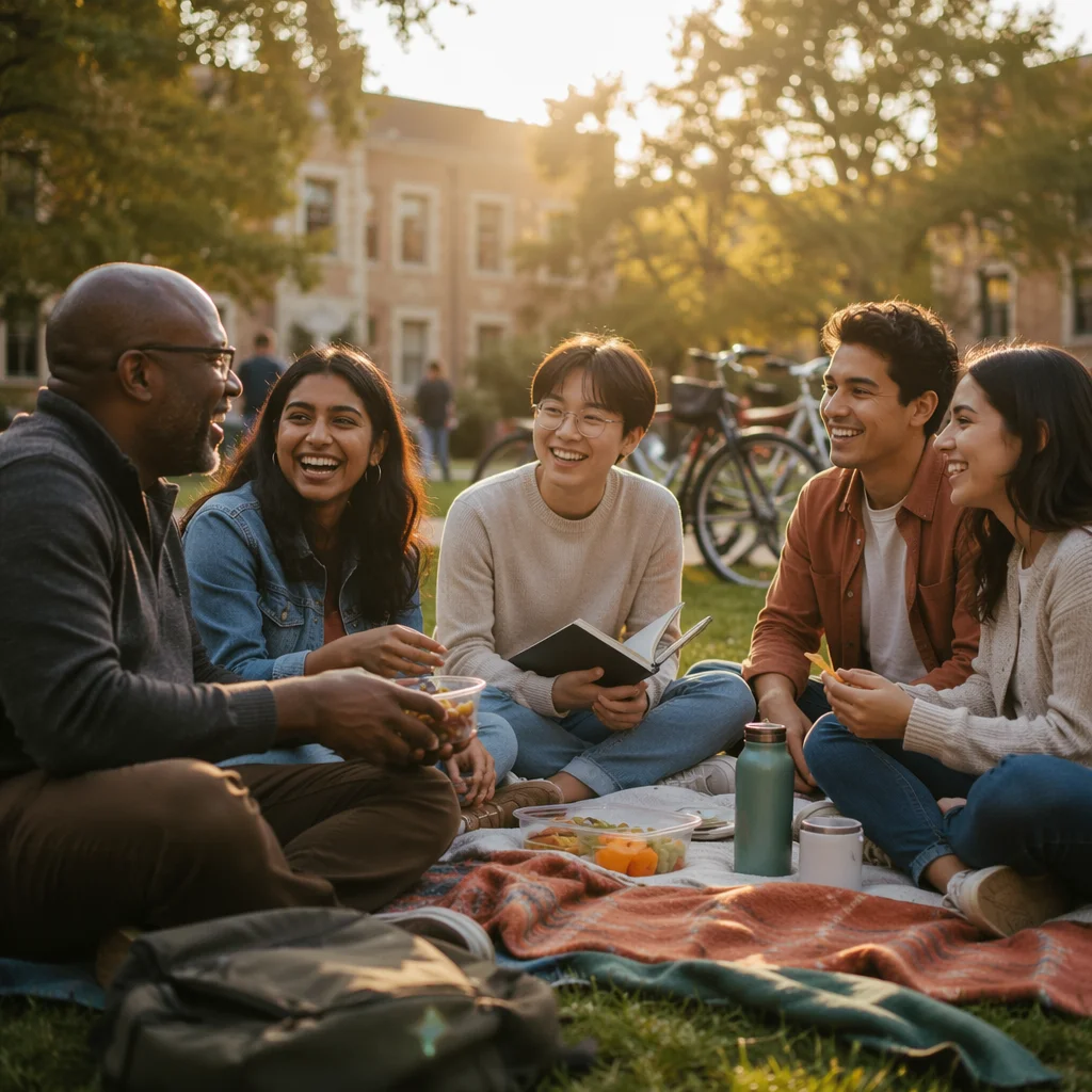 International Students Gathering on Campus Lawn