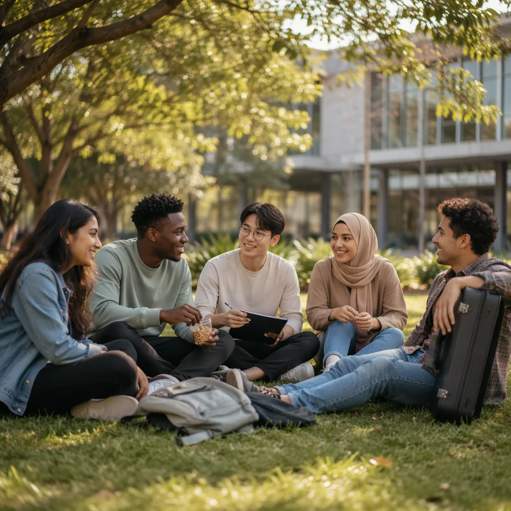 International Students Gathering on Campus Lawn