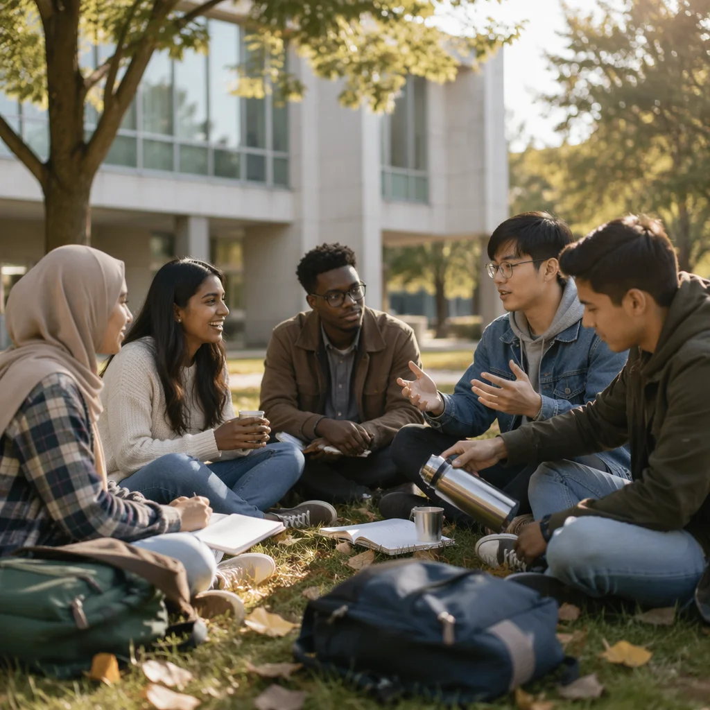 International Students Gathering on Campus Lawn