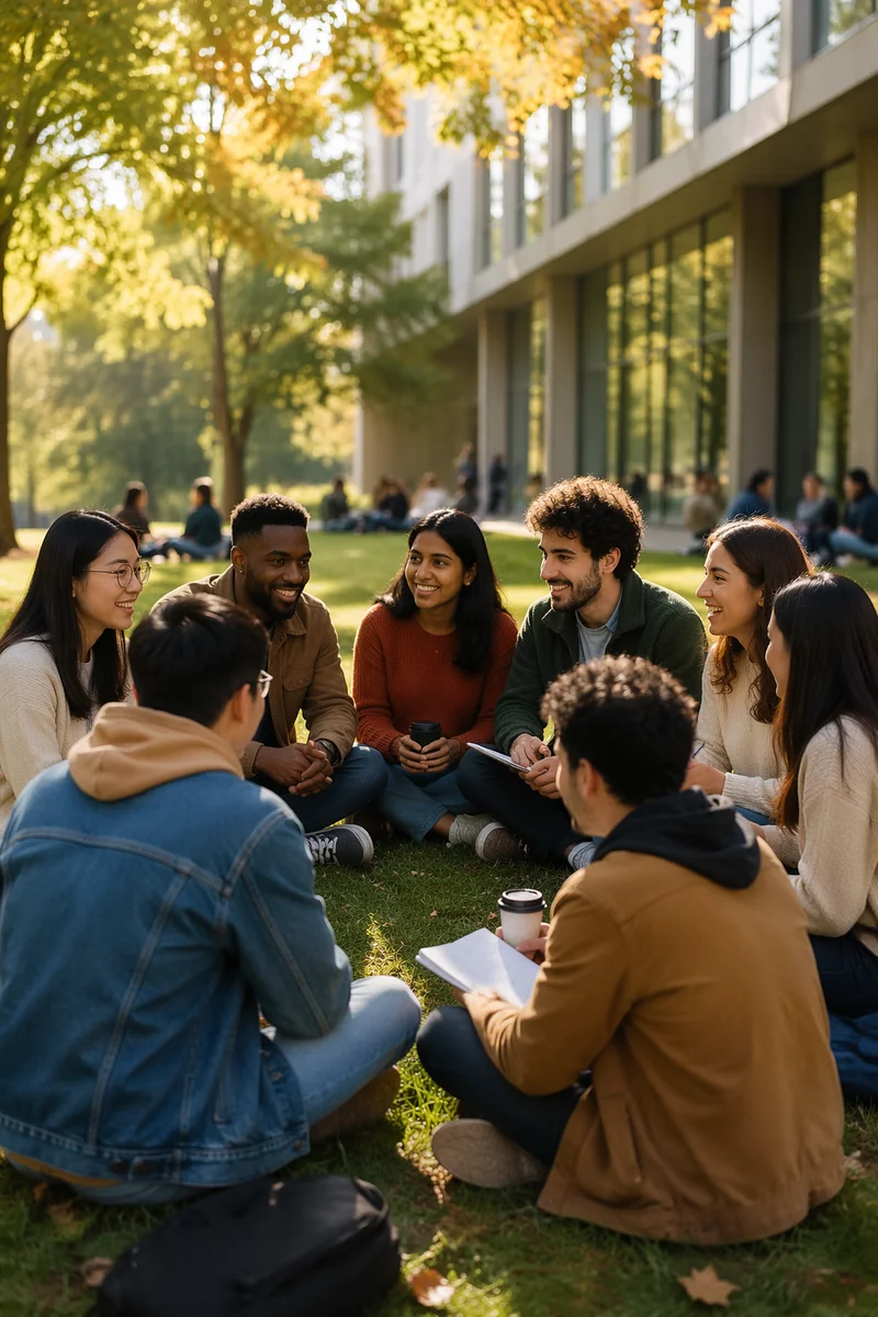 International Students Gathering on Campus Lawn
