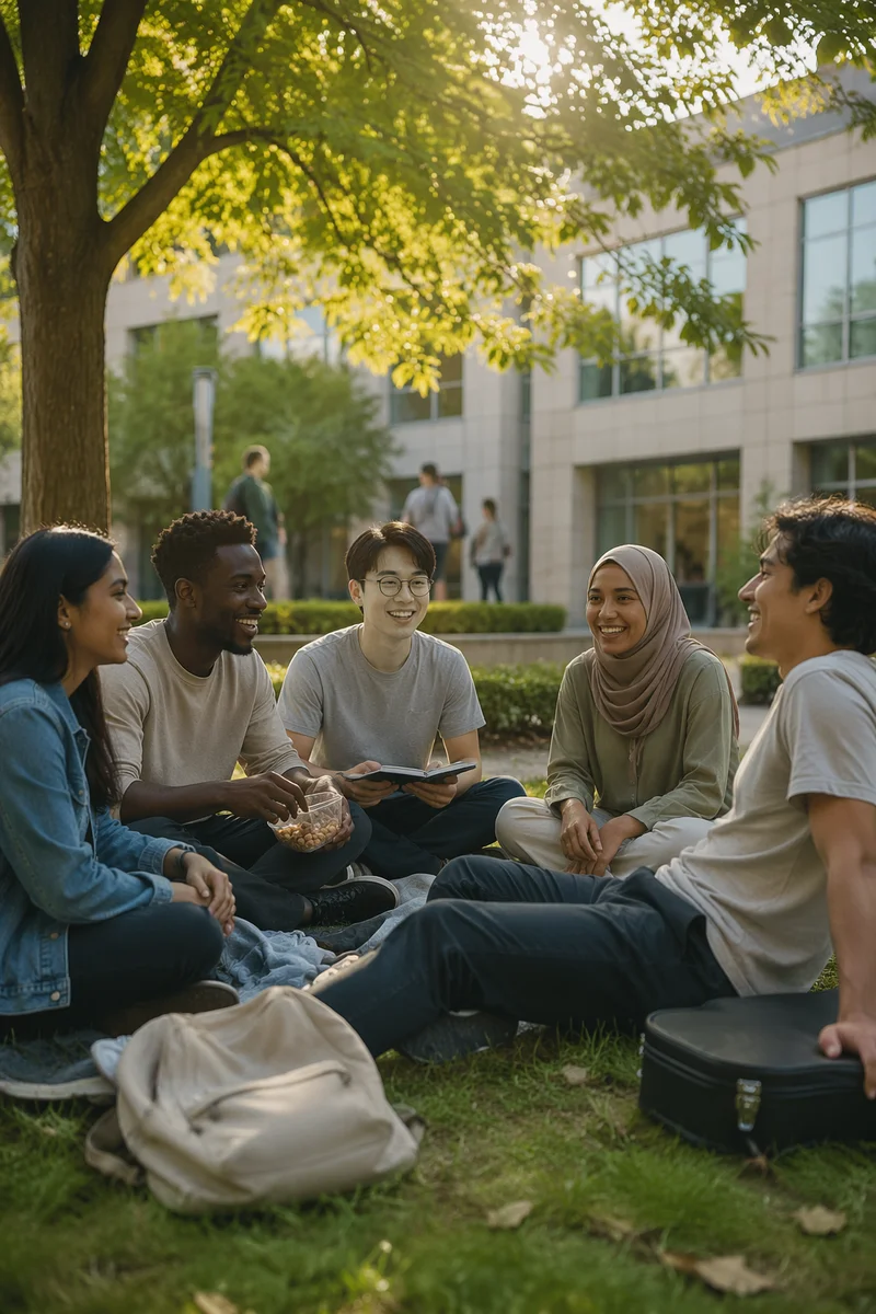 International Students Gathering on Campus Lawn