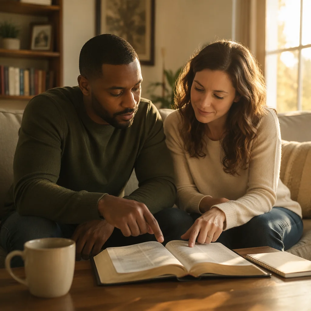 Interracial Couple Studying Bible at Home