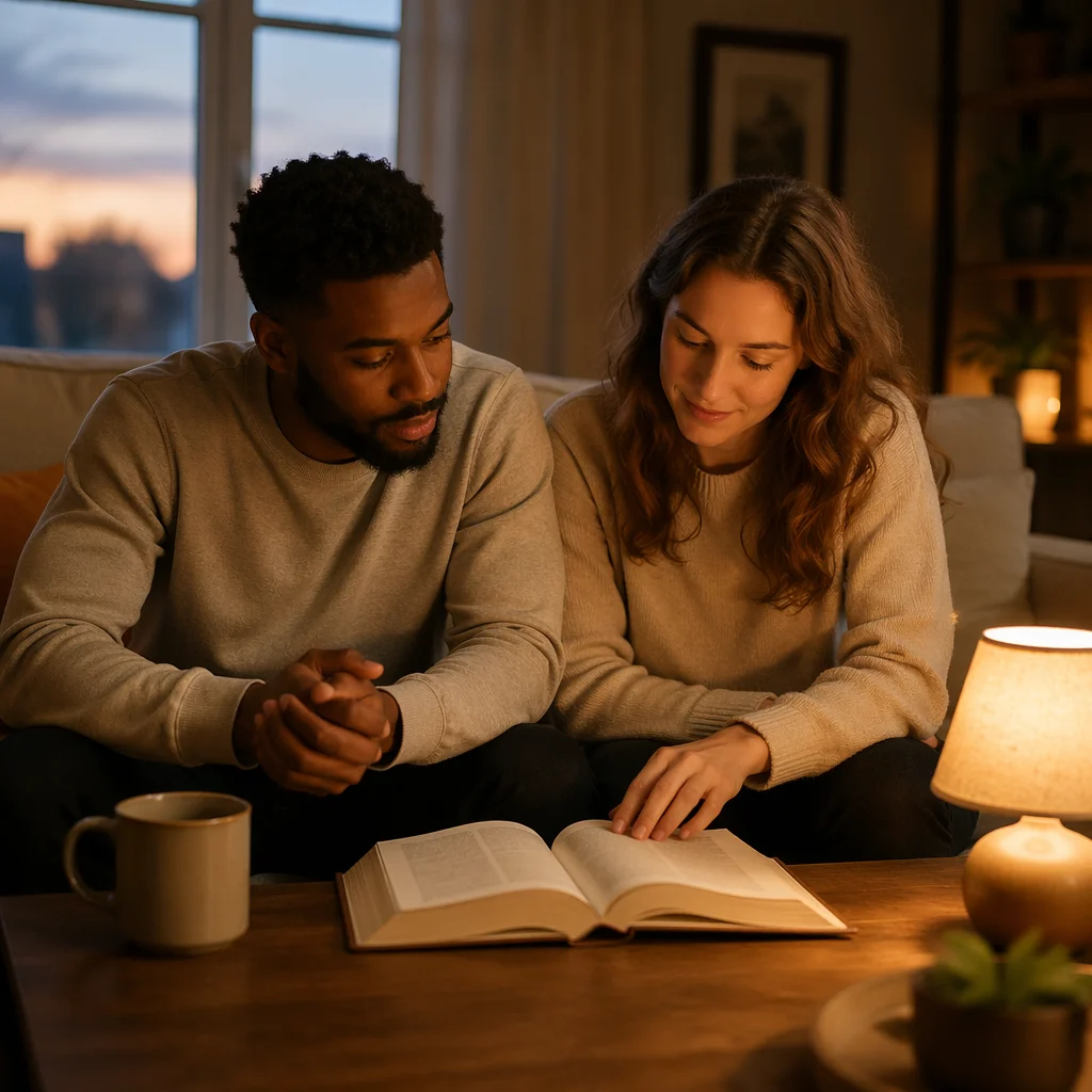 Interracial Couple Reading Together at Home