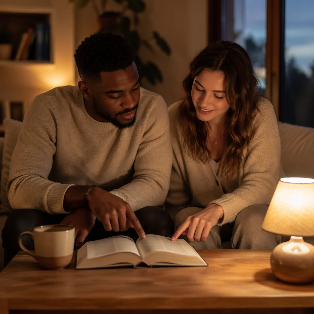 Interracial Couple Reading Together at Home