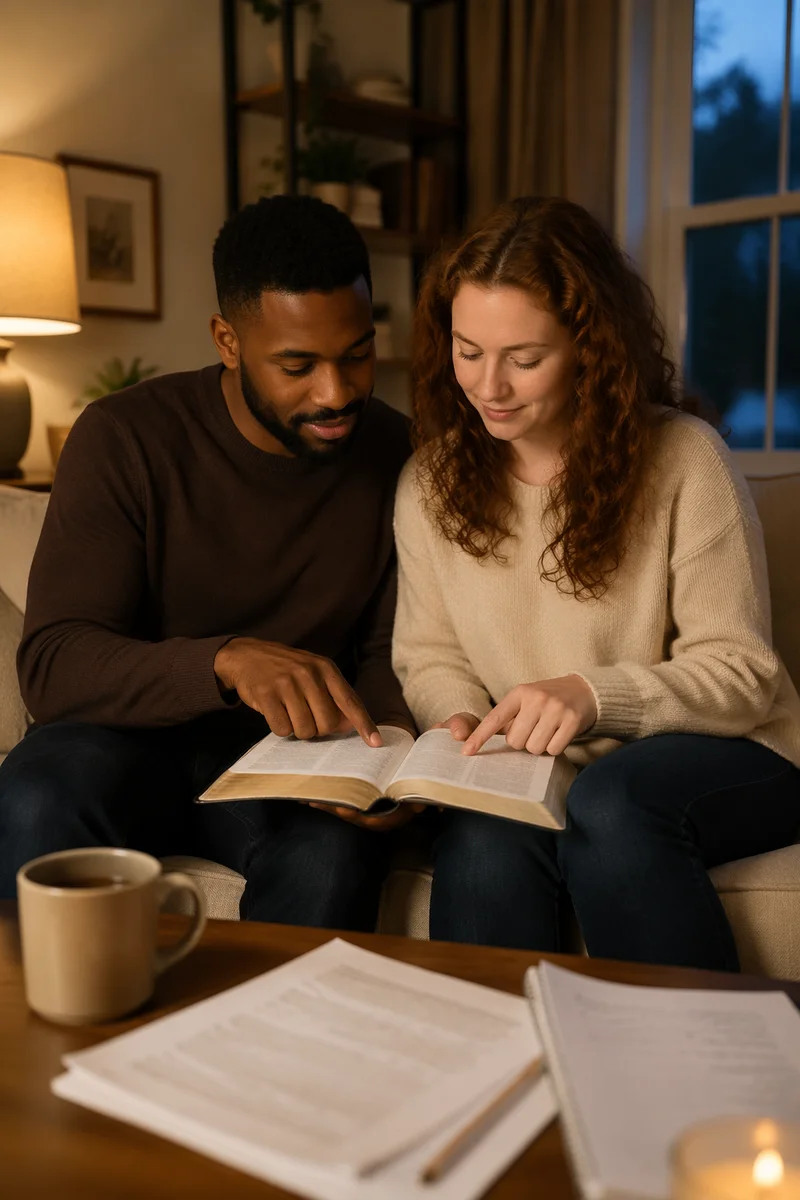 Interracial Couple Studying Bible at Home