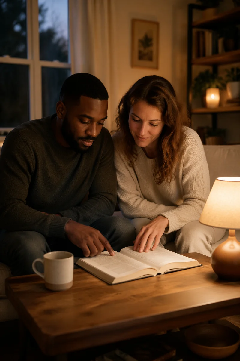 Couple Reading Together on Sofa at Dusk