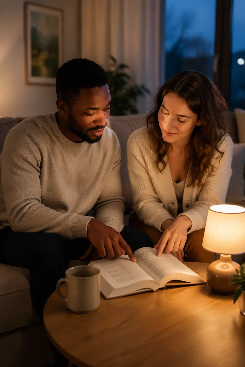 Interracial Couple Reading Together at Home