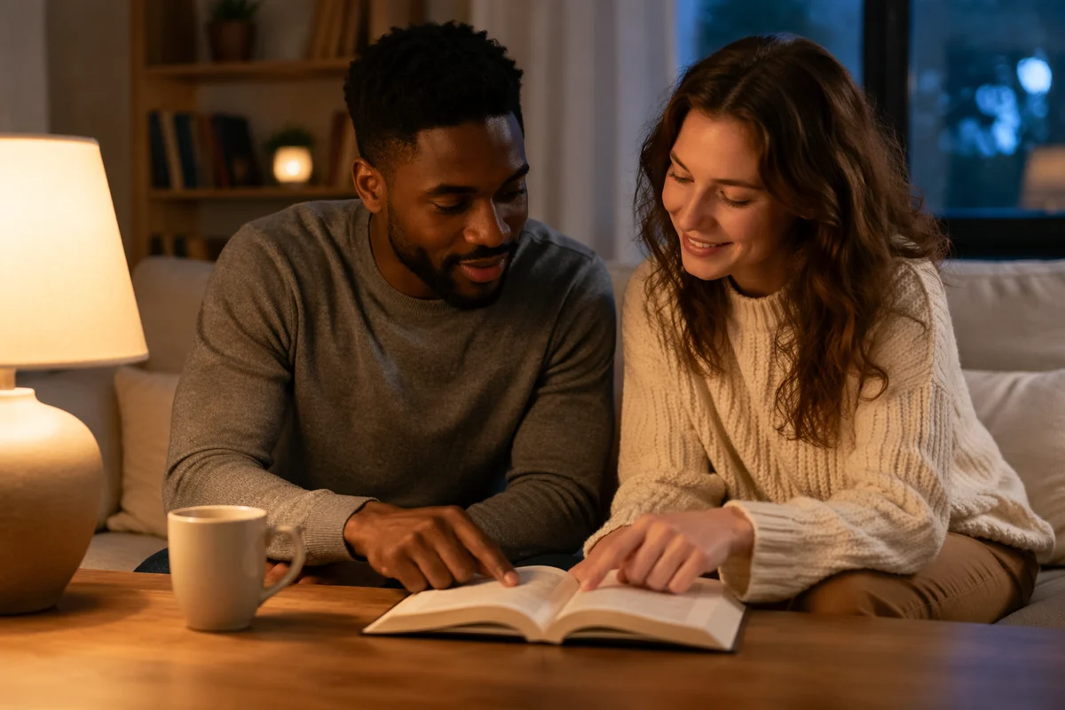 Interracial Couple Reading Together at Home