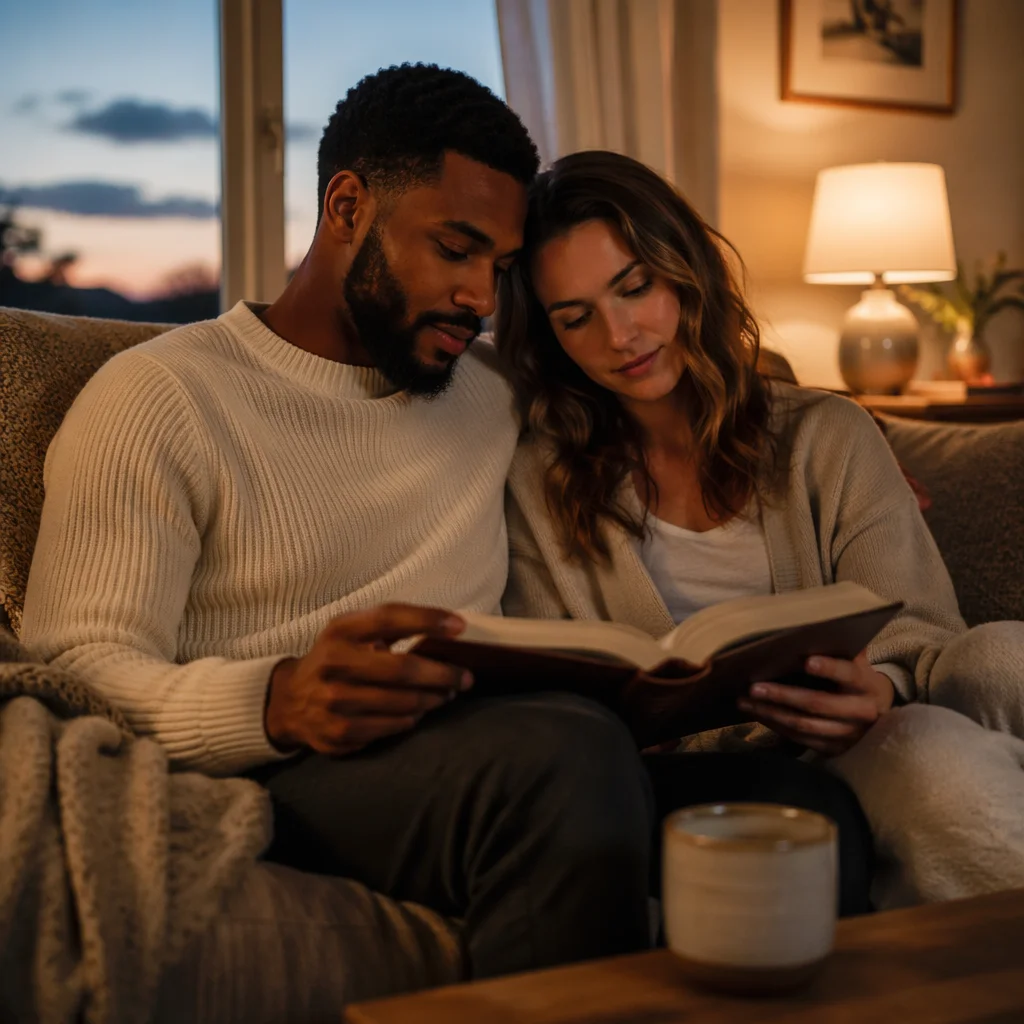Interracial Couple Reading Bible at Home