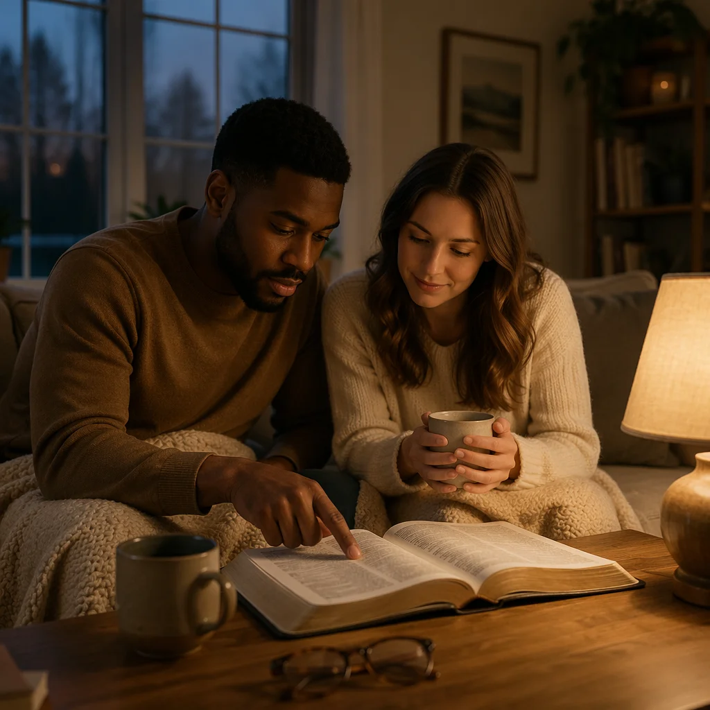 Interracial Couple Reading Bible on Sofa