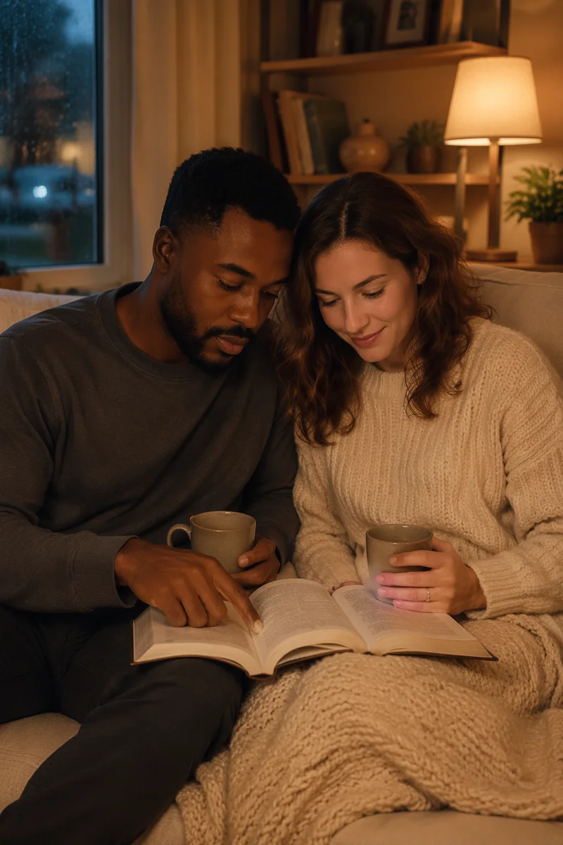 Interracial Couple Reading Together on Sofa
