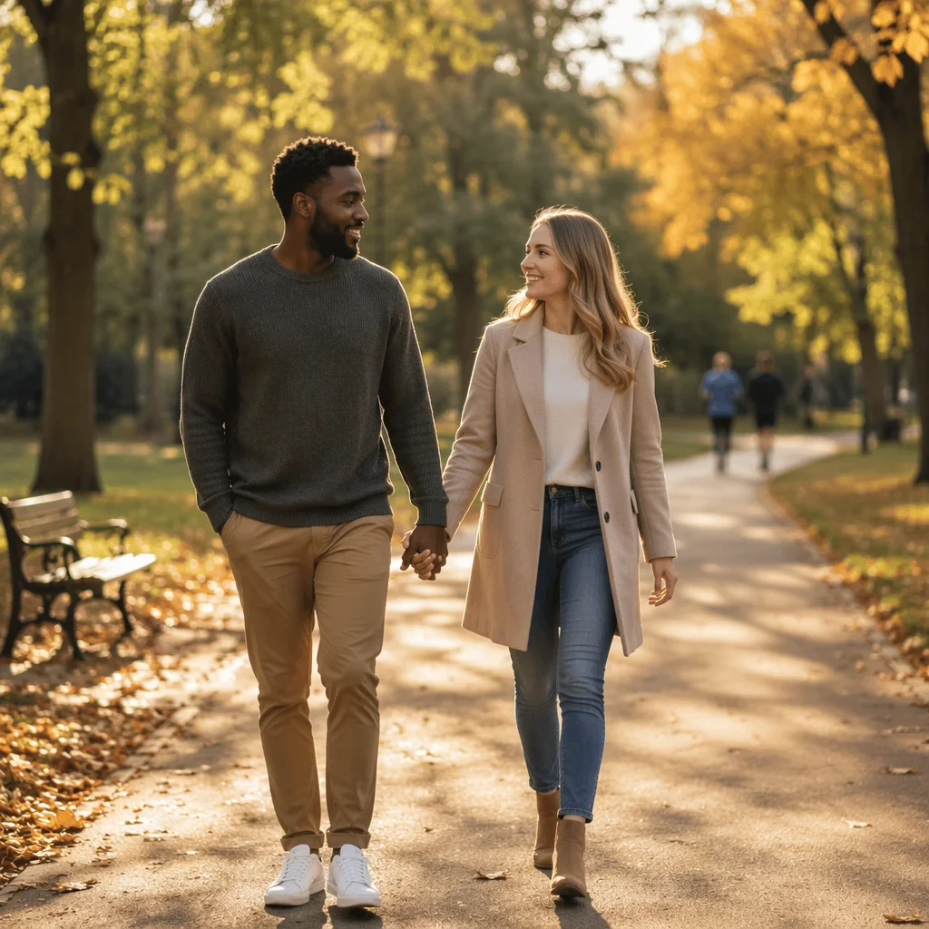 Interracial Couple Walking Hand in Hand