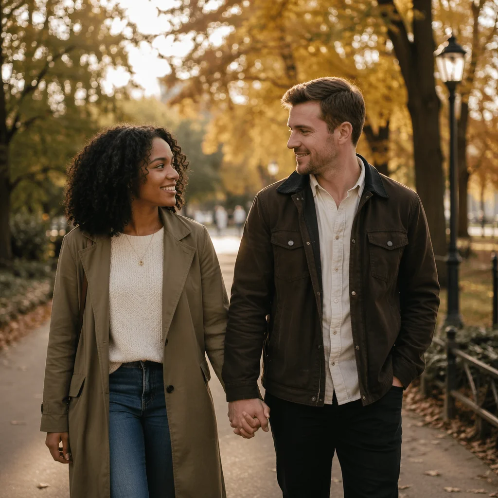 Interracial Couple Walking in Autumn Park