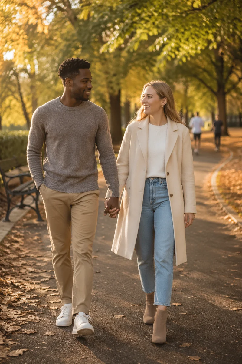 Interracial Couple Walking in Autumn Park