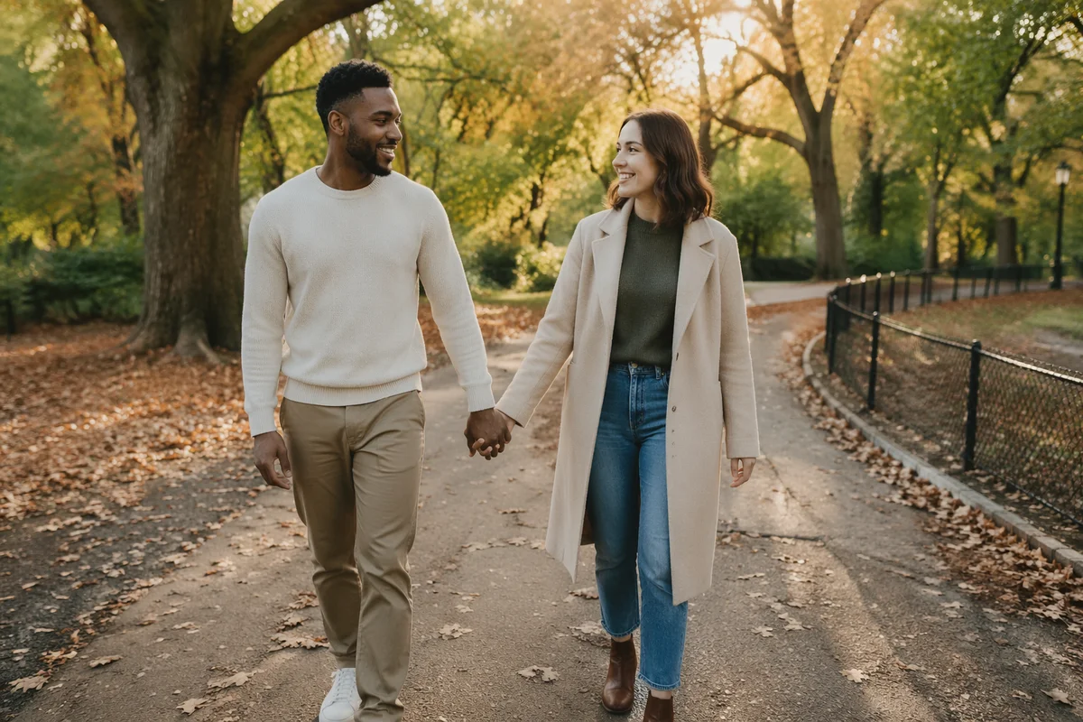 Interracial Couple Walking in Autumn Park