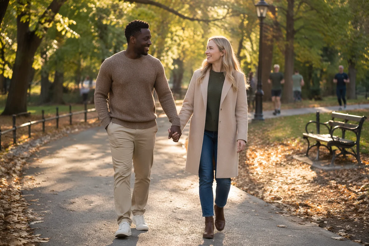 Interracial Couple Walking in Autumn Park
