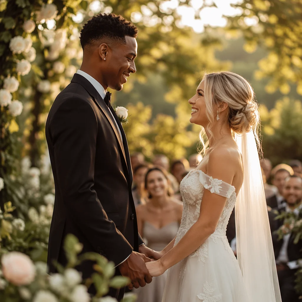 Interracial Couple Wedding Ceremony in Garden