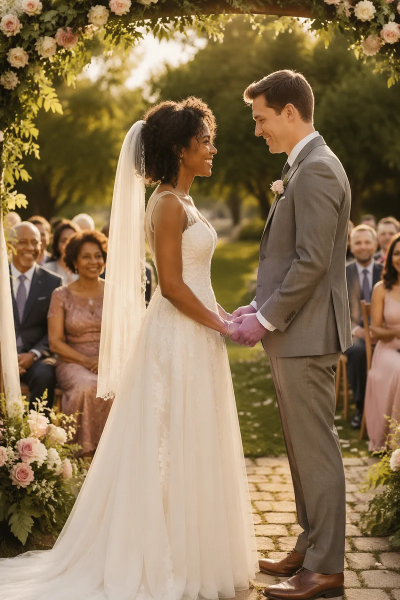 Interracial Couple Wedding in Sunlit Garden