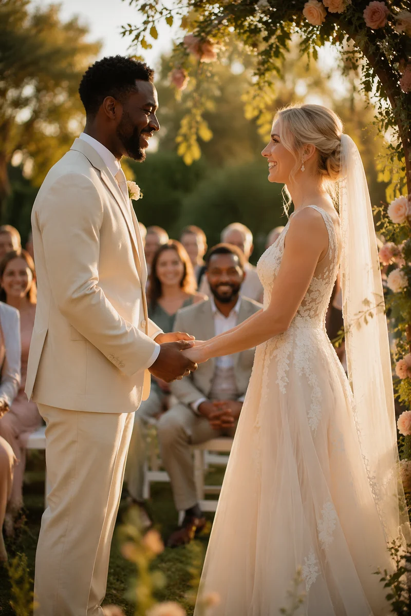 Interracial Couple Wedding Ceremony in Garden