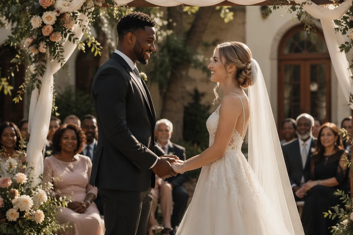 Interracial Couple Wedding Ceremony in Garden Courtyard