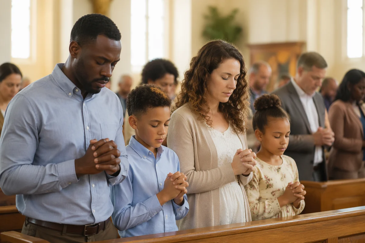 Interracial Family Praying in Church Service
