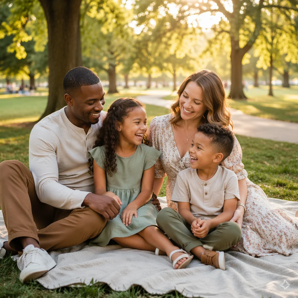 Happy Interracial Family in Sunny Park