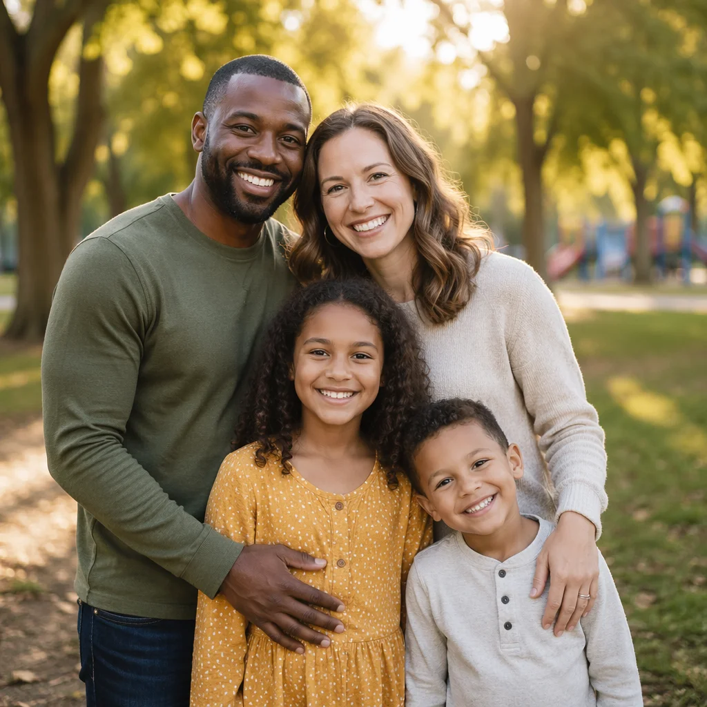 Happy Interracial Family in Sunny Park
