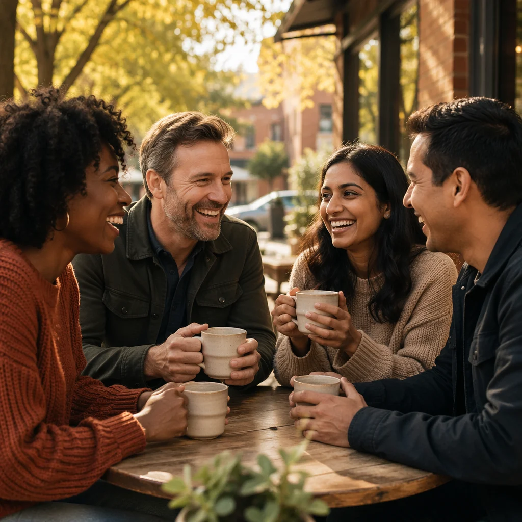 Friends Laughing Over Coffee at Cafe