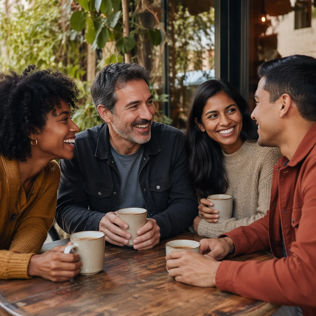 Friends Laughing Over Coffee on Cafe Patio