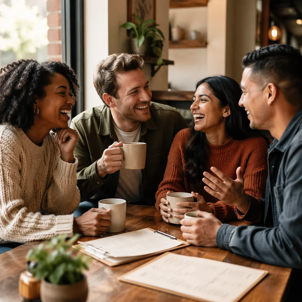 Four Friends Laughing Over Coffee Together