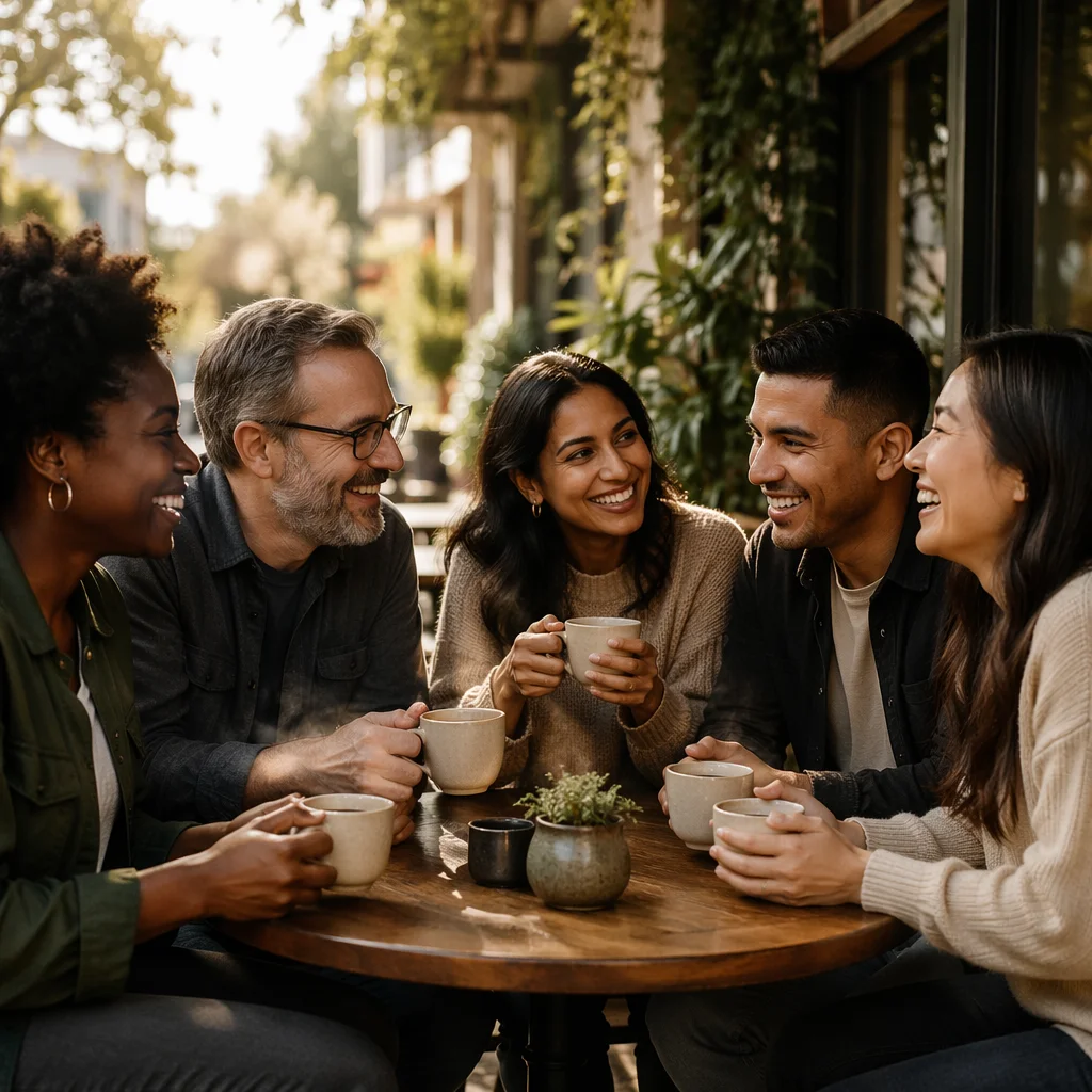 Five Friends Laughing Over Coffee Together