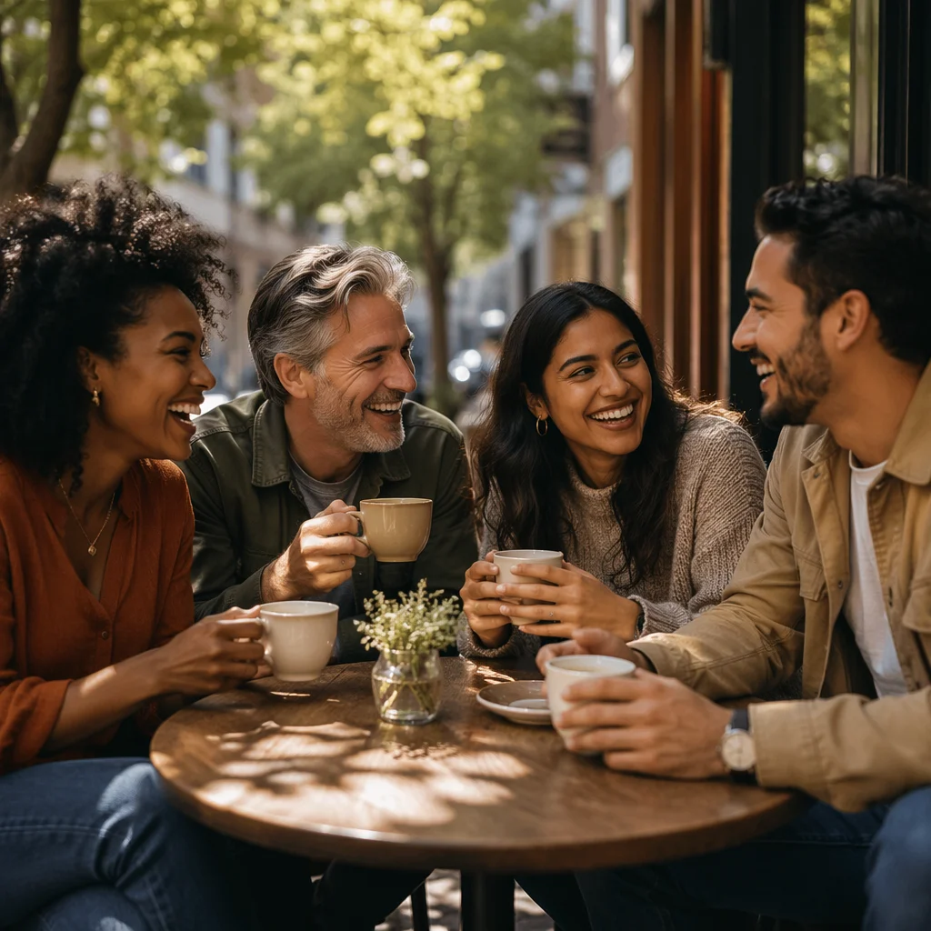 Four Friends Laughing at Outdoor Cafe