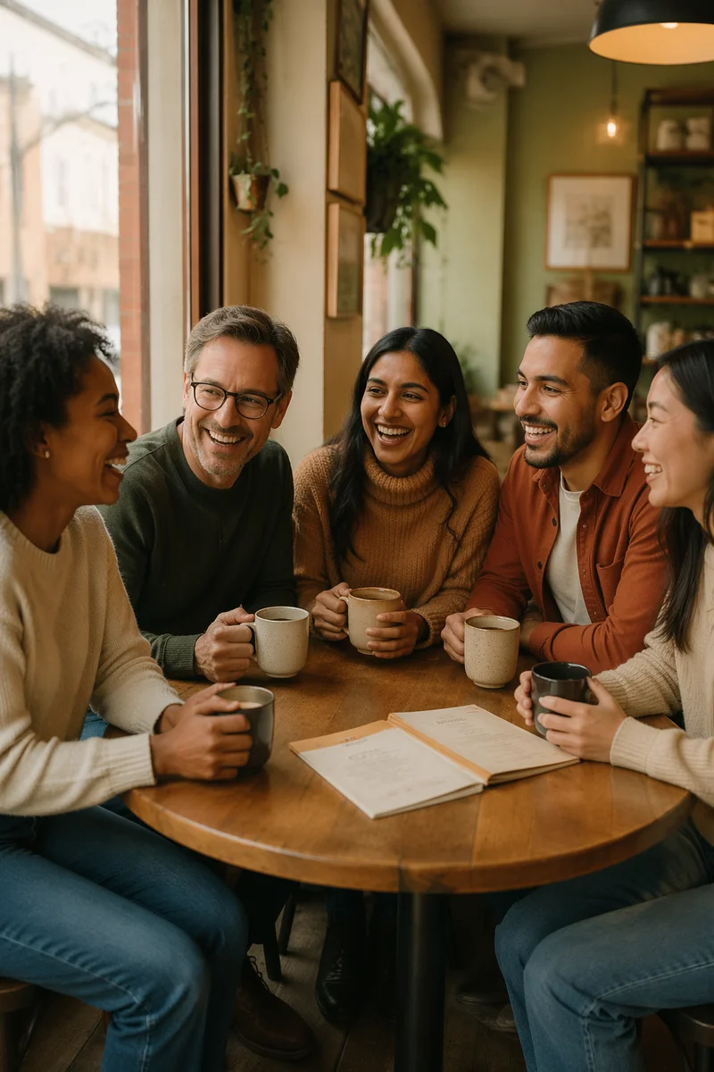 Five Friends Laughing in Cozy Cafe