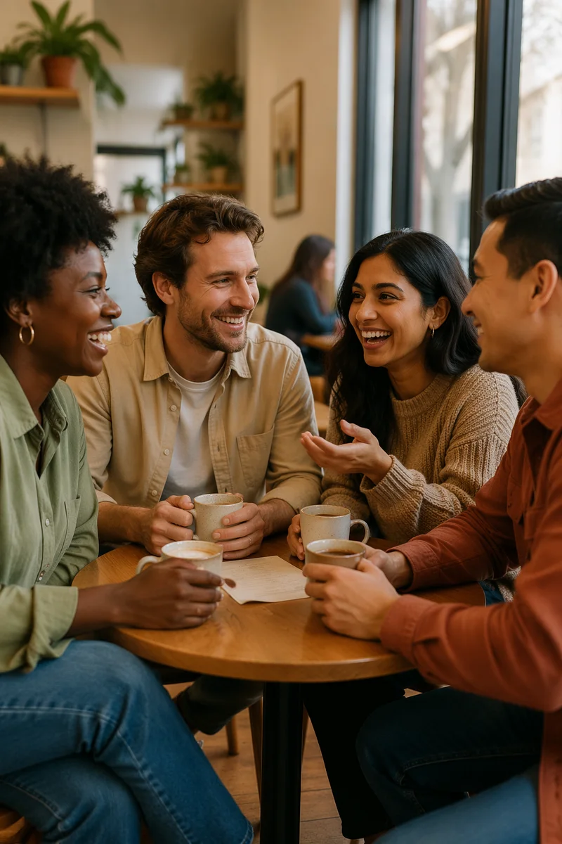 Four Friends Laughing Over Coffee