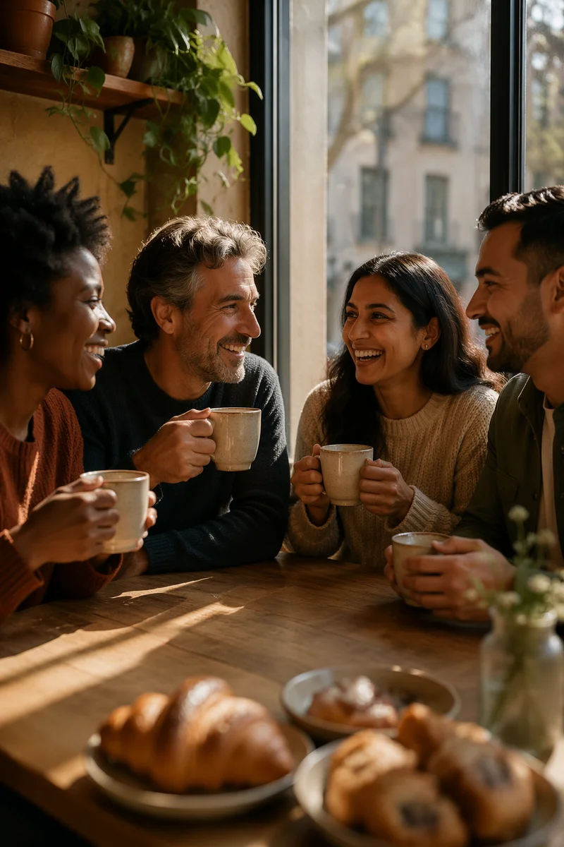 Four Friends Laughing Over Coffee