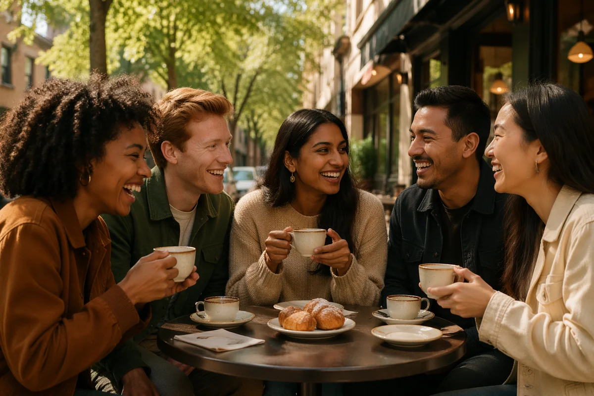 Diverse Friends Laughing at Sidewalk Cafe