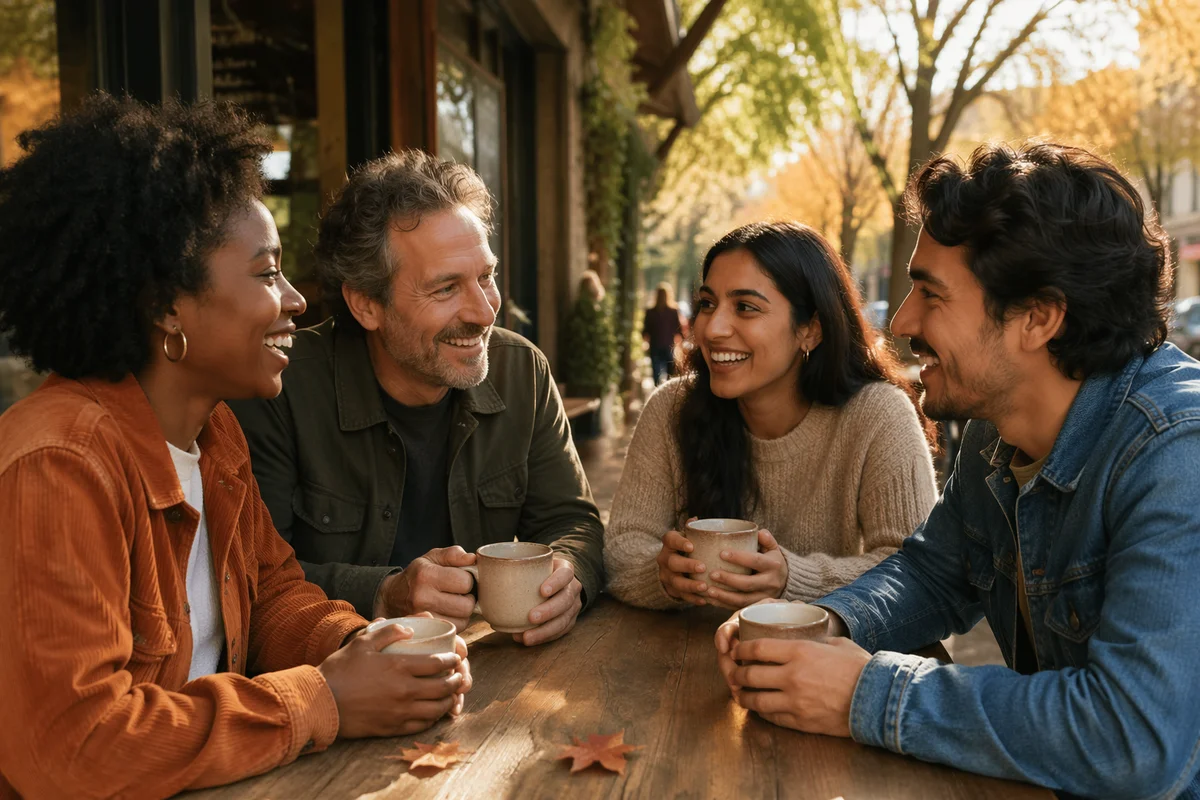 Friends Laughing Over Coffee on Patio