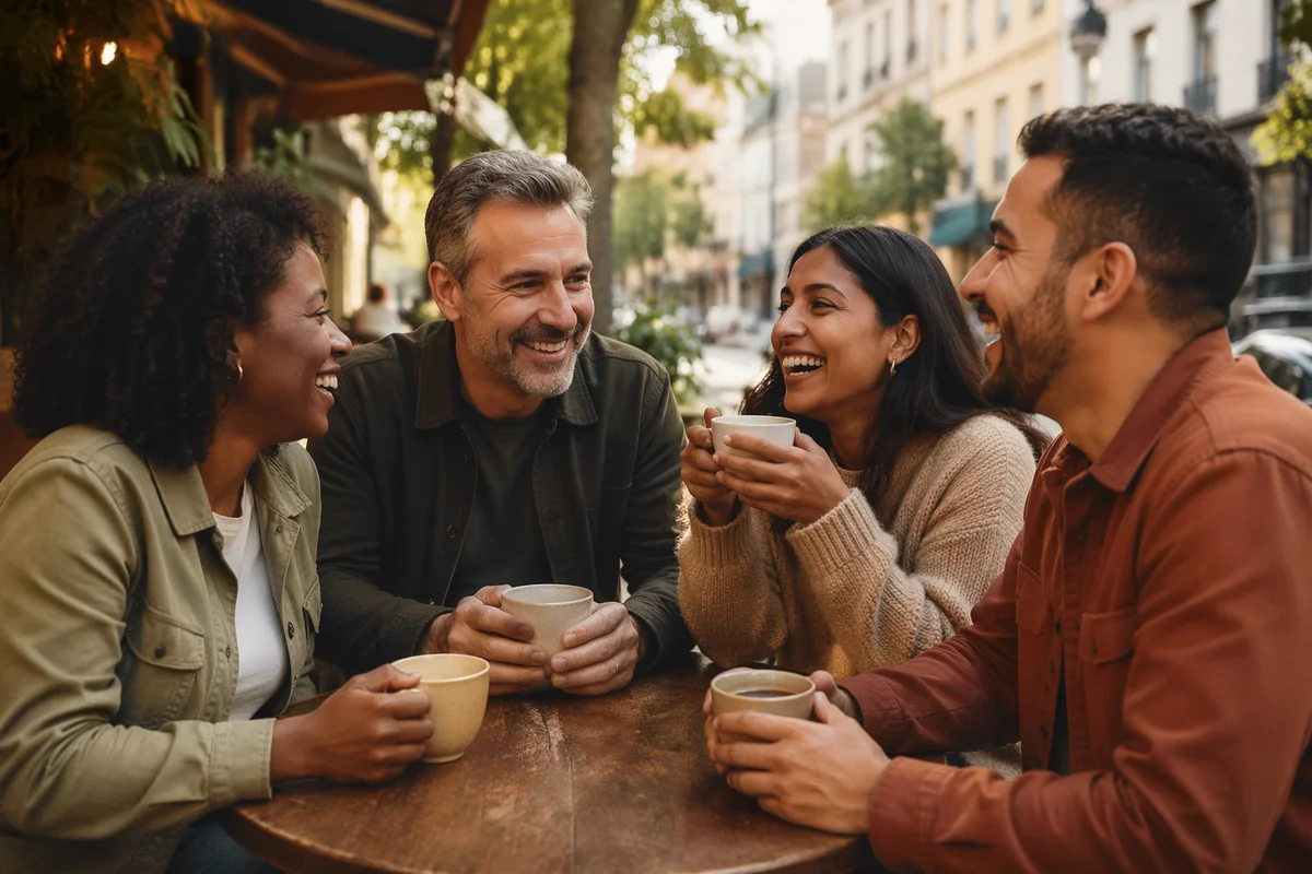 Four Friends Laughing at Outdoor Cafe